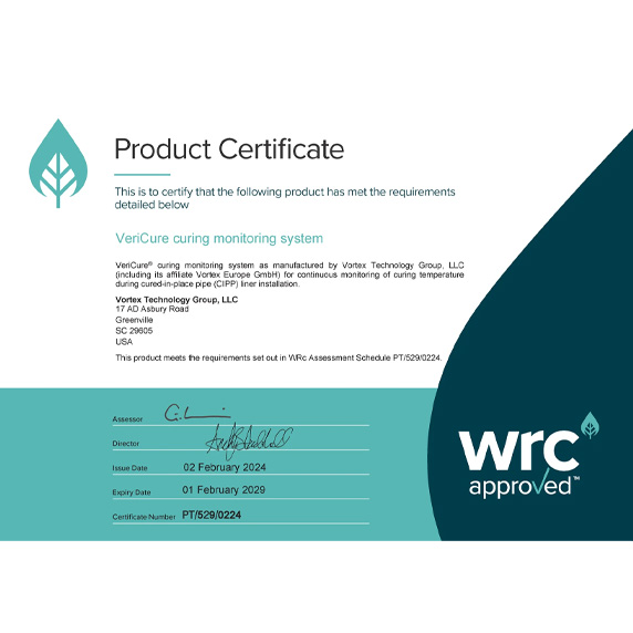 Vortex Technology Group Receives WRc Approval For Vericure® Cipp Curing Monitoring System